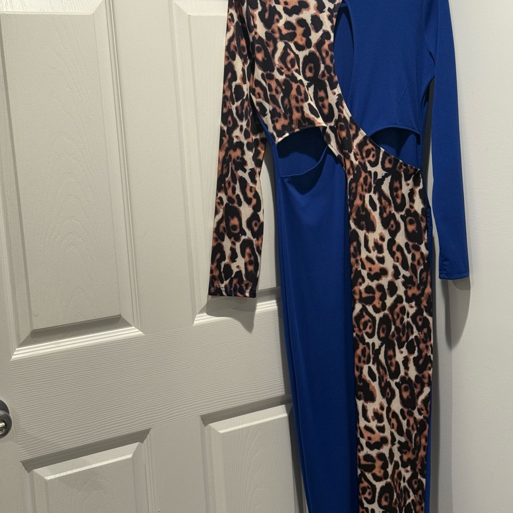 Blue and Leopard Print Cutout Dress
